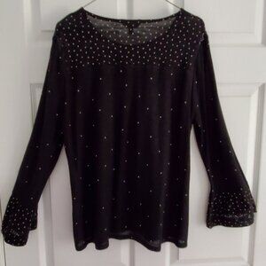 Lucky Brand Black Casual Top with White Dots/ Size Large, Like New